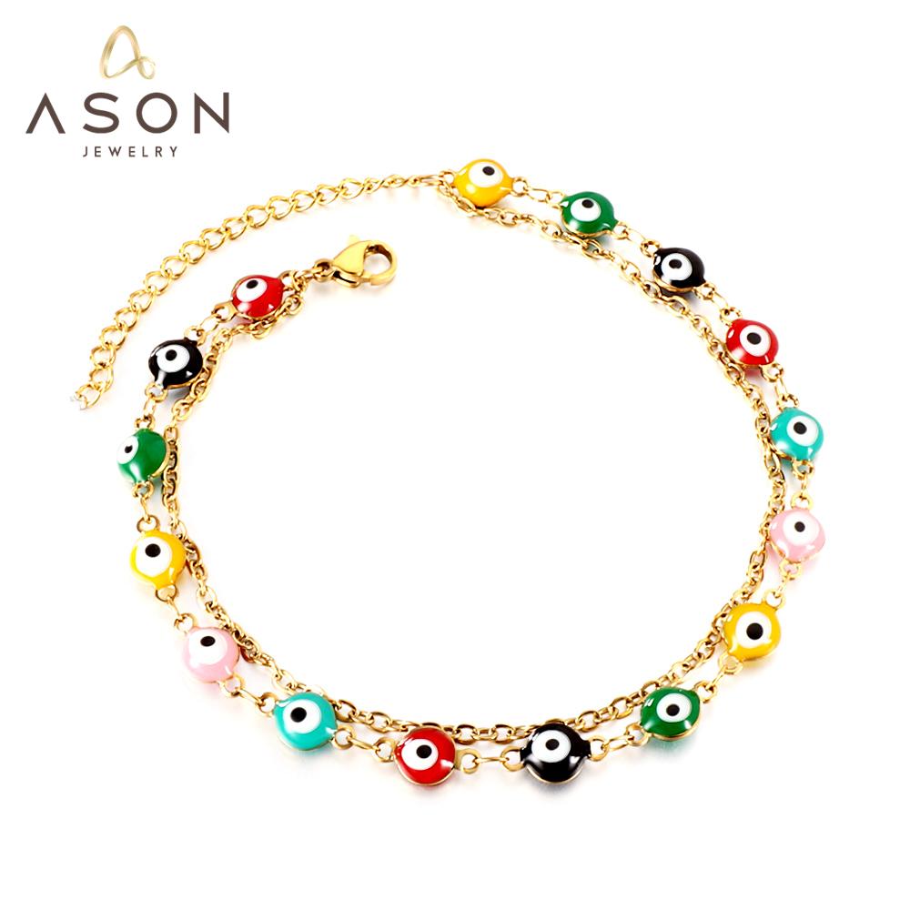 ASON Boho Mixed Color Ball Cat Eyes Accessories Multi-layer Chains Anklet Gold Color Stainless Steel For Women Jewelry Gift asonjewelry